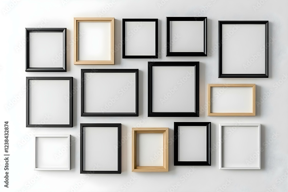 Aufkleber a collection of empty picture frames in various styles and colors arranged on a wall. concept galler