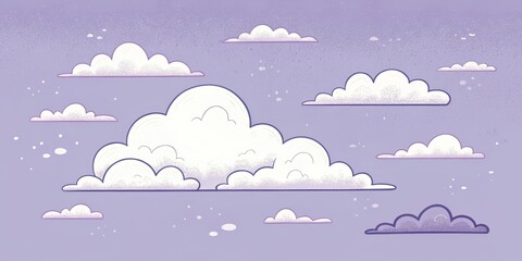 A whimsical illustration of fluffy white clouds floating across a soft lavender sky, sprinkled with tiny dots of light