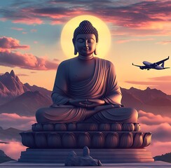 Fototapeta premium A Buddha statue meditating with the sun in front of him, mountains behind it, mahavir jayanti concept