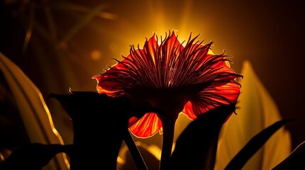 Backlit Rafflesia flower and tropical flora silhouette. Warm golden glow, radiant and luxurious, light source behind subject.