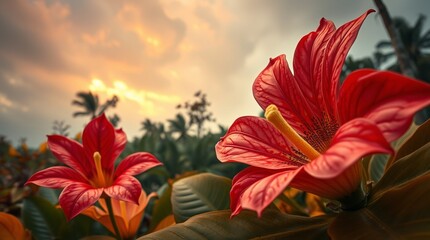 Close-up Rafflesia and tropical flora in intense autumnal weather. Warm colors, stormy skies, high tension, earthy tones.