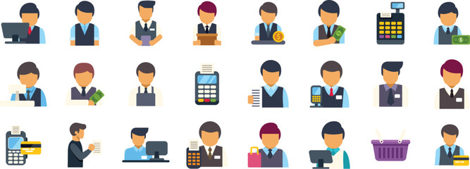 Diverse set of cashier icons depicting various tasks such as operating cash registers, processing payments, and managing sales transactions