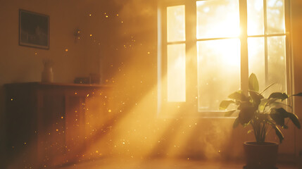Sunlit room with floating dust particles in warm, hazy light