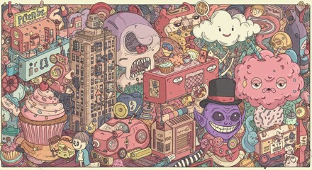 Naklejka premium Whimsical cartoon cityscape filled with playful characters and vibrant details