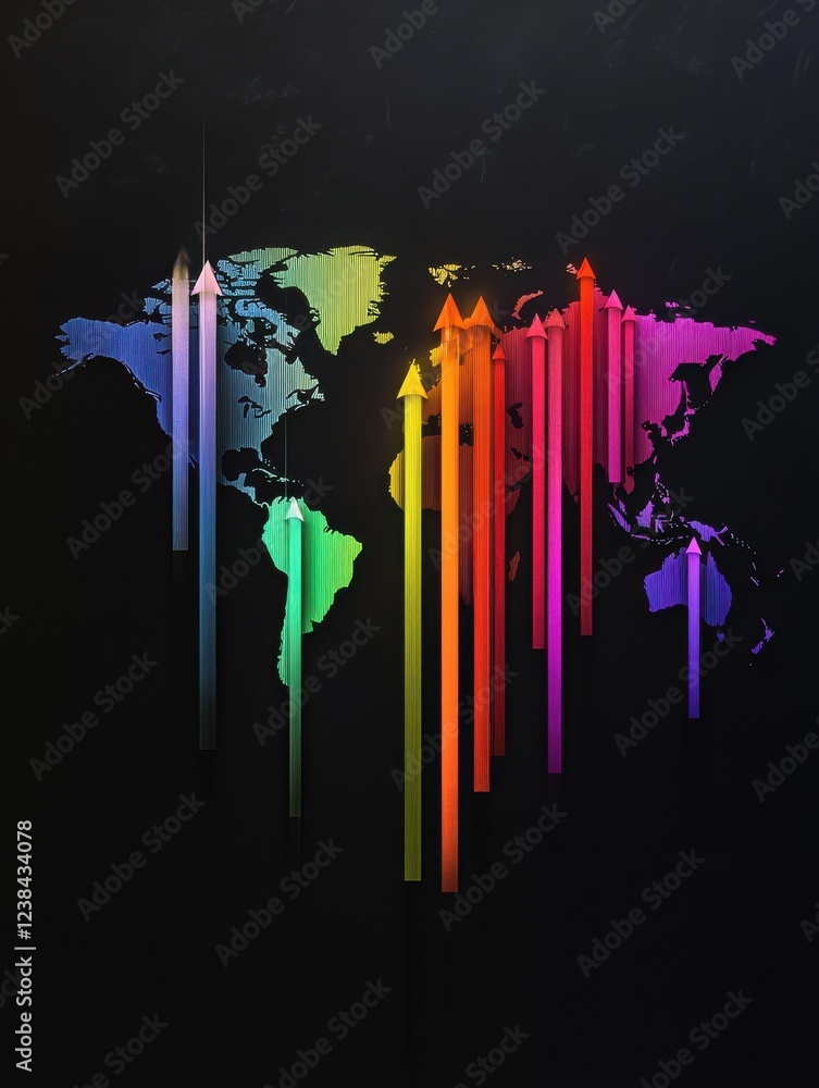 Poster business chart with glowing arrows and world map 3d render