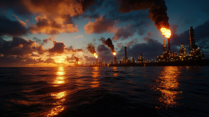 Obraz premium Sunrise over offshore oil refinery with flames and smoke, reflecting on water
