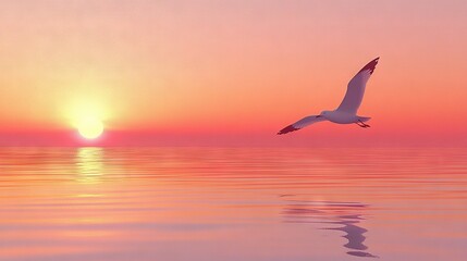   A seagull flies over a serene body of water as the golden sun sets in the backdrop, casting a warm pink hue in the sky