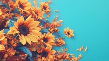 A cluster of sunflowers with rich yellow and orange hues, set against a bright sky-blue gradient background with ample white space.
