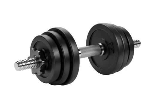 Black metal dumbbell with removable weight plates, isolated on white background