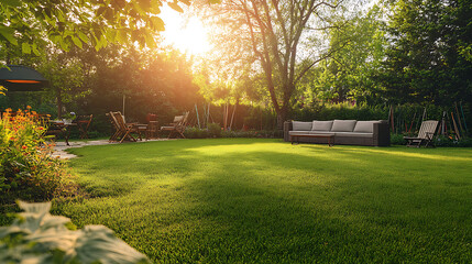 Tidy backyard with freshly mowed grass and arranged outdoor furniture
