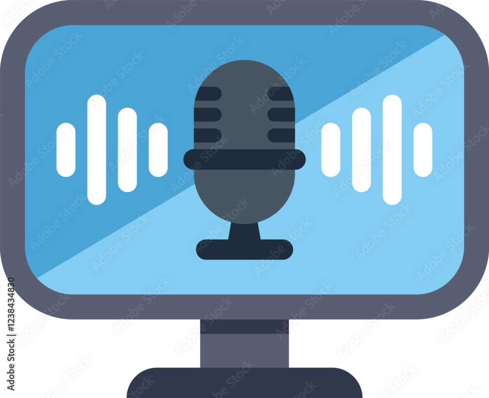 Poster computer displaying a microphone icon with sound waves, representing the concept of podcasting