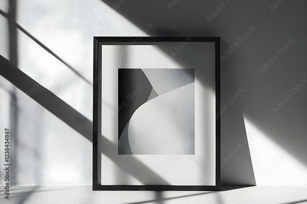 Poster a framed abstract art piece with curved shapes and shadows cast by light in a minimalist setting. co