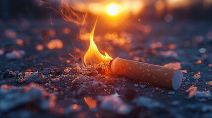 A discarded cigarette butt smolders on the ground, symbolizing smoking addiction.