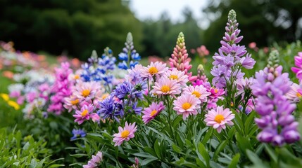 Obraz premium Colorful wildflowers bloom in garden, blurred background, nature photography, ideal for greeting cards