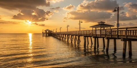 Fototapeta premium Golden sunrise beams across a tranquil ocean, illuminating a long wooden pier extending towards the horizon.