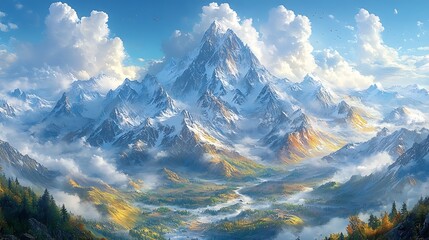 Naklejka premium A bright and clear image, 8k high definition, of a surreal mountain range with peaks and valleys that loop into each other, inhabited by fantastical creatures 