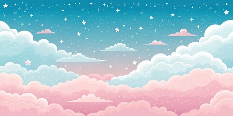 Dreamy Pastel Cloudscape A Celestial Scene of Soft Pink and Blue Clouds, Sparkling Stars, and Delicate Flowers in a Serene Night Sky