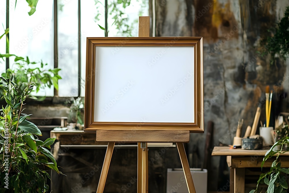 Poster an empty wooden frame on an easel, surrounded by greenery in an artistic workspace with a rustic bac