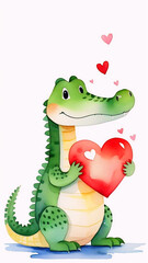 Obraz premium Crocodile gives a heart in watercolor, phone wallpaper hd, mobile screen images