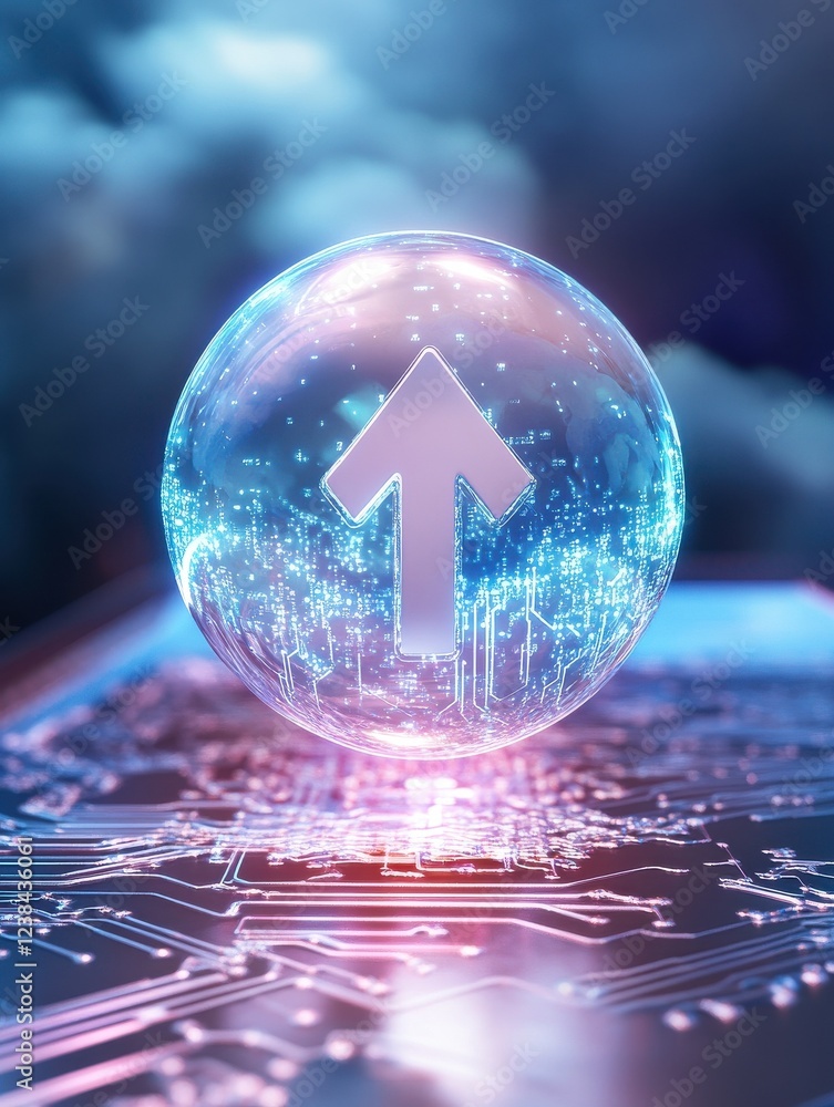 Poster cloud and internet information storage concept with digital cloud icon with arrow up with microcircu