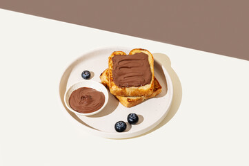 Toasted bread with chocolate cream on a plate with blueberry on a light  background with  shadow.
