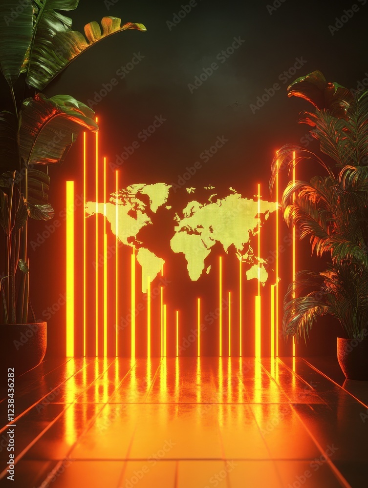 Poster business chart with glowing arrows and world map 3d render