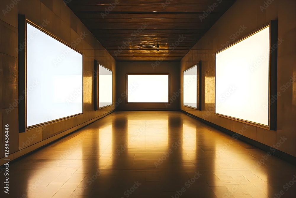 Poster a minimalist gallery space with illuminated blank frames on the walls and polished floors reflecting
