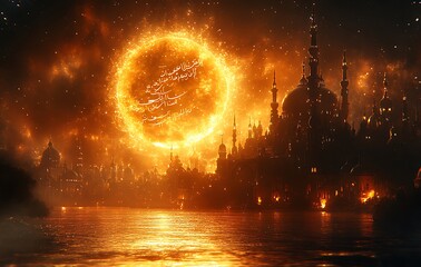  Fiery Celestial Orb Illuminating Dark City Skyline Reflected in Tranquil Waters