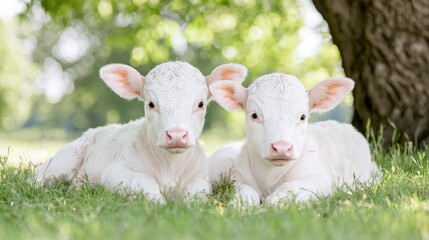 Obraz premium Two cute white calves resting on lush green grass under a shady tree on a sunny day.