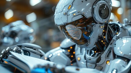 Fototapeta premium A robot reading a book symbolizes ai-driven content automation and knowledge acquisition.
