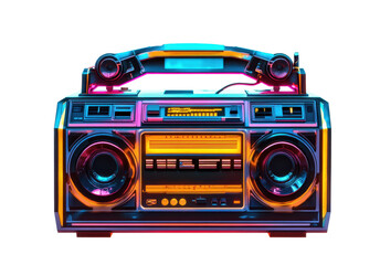 Retro 80s boombox revamped with neon lights and modern futuristic design