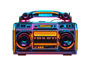 Retro 80s boombox revamped with neon lights and modern futuristic design