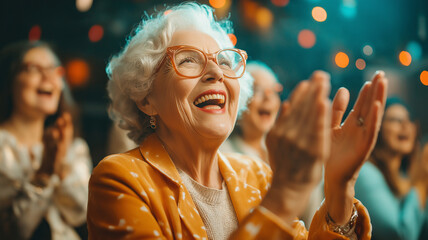 A woman in a yellow jacket is smiling and clapping her hands