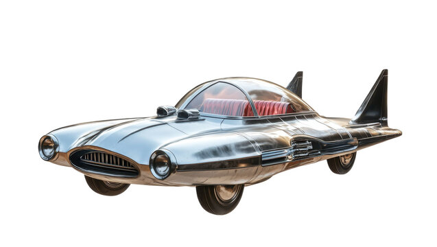 1950s inspired chrome flying car with fins and retro design details