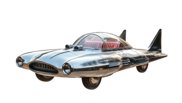 1950s inspired chrome flying car with fins and retro design details
