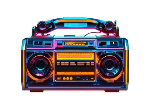 Retro 80s boombox revamped with neon lights and modern futuristic design