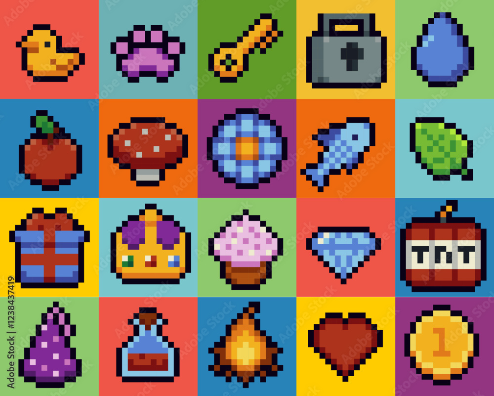 Poster set of pixel art icons. retro game style dialogue box and elements vector collection. pixels y2k tre