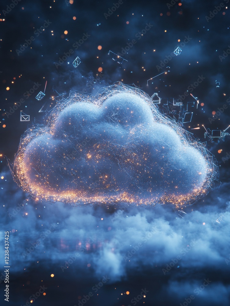 Poster big data and cloud storage concept with digital cloud icon surrounded by technological social symbol