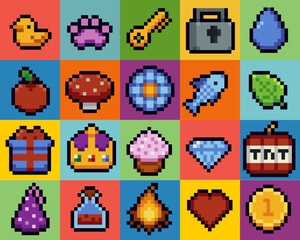 Set of pixel art icons. Retro game style dialogue box and elements vector collection. Pixels Y2k trendy playful stickers. 8bit. Mood of 90's aesthetics