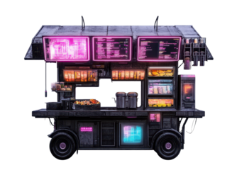 Futuristic street food cart with vibrant neon signs and displays
