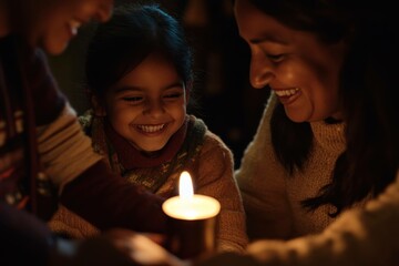 A joyful family gathering around a candle, showcasing warmth, love, and happiness during a cozy evening The light reflects the bond between generations, smiling faces, and intimate moments