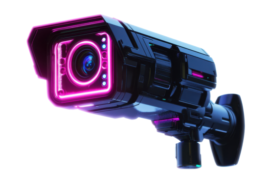 Cyberpunk security camera with glowing neon edges and sharp design