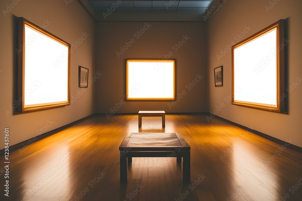 Poster a minimalist art gallery with empty frames on the walls and a table in the center, illuminated by li