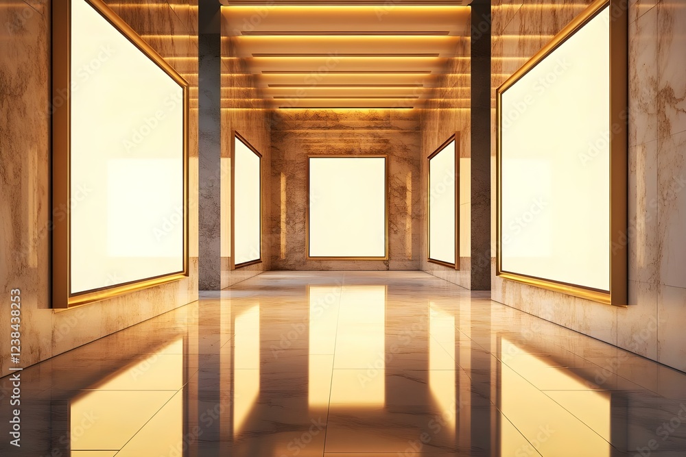 Poster an elegant gallery or hallway with empty picture frames illuminated by warm lighting and a polished 