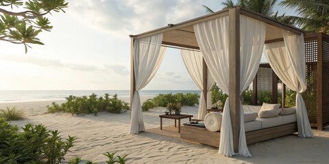 Serene Beachfront Pavilion with Sheer Curtains and Comfortable Seating
