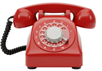 Vintage red rotary telephone with a coiled cord and detailed dial, isolated on white background