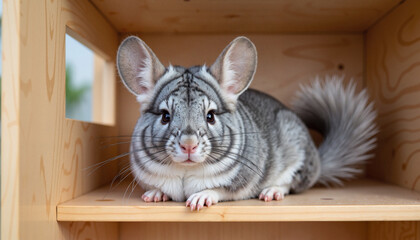 Fluffy grey chinchilla resting on wooden shelf, calm and content