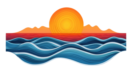 Paper cut style sunset over ocean with transparent background