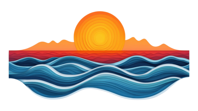 Paper cut style sunset over ocean with transparent background