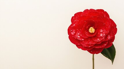   Red flower close-up with droplets on petals, green stem with yellow center
